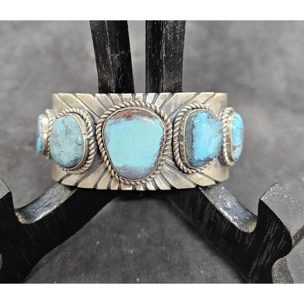 Native American .925 Silver And Navajo Turquoise Nugget Bracelet - Signed